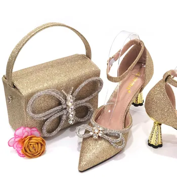 Новейший Золотой цвет 2023 года, подходящий для ежедневных и банкетных вечеринок, Удобная и модная женская обувь и набор сумок